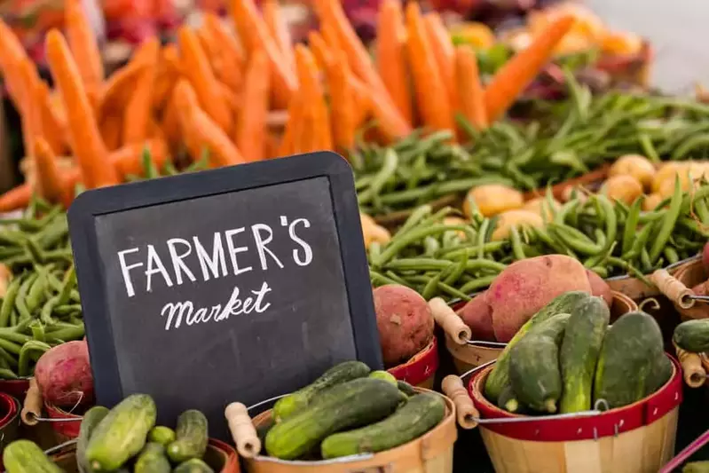 barrels of fruit and vegetables at Gatlinburg Farmer's Market