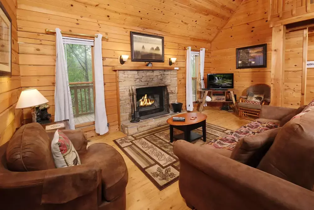 Misty Morning cabin living room with fireplace